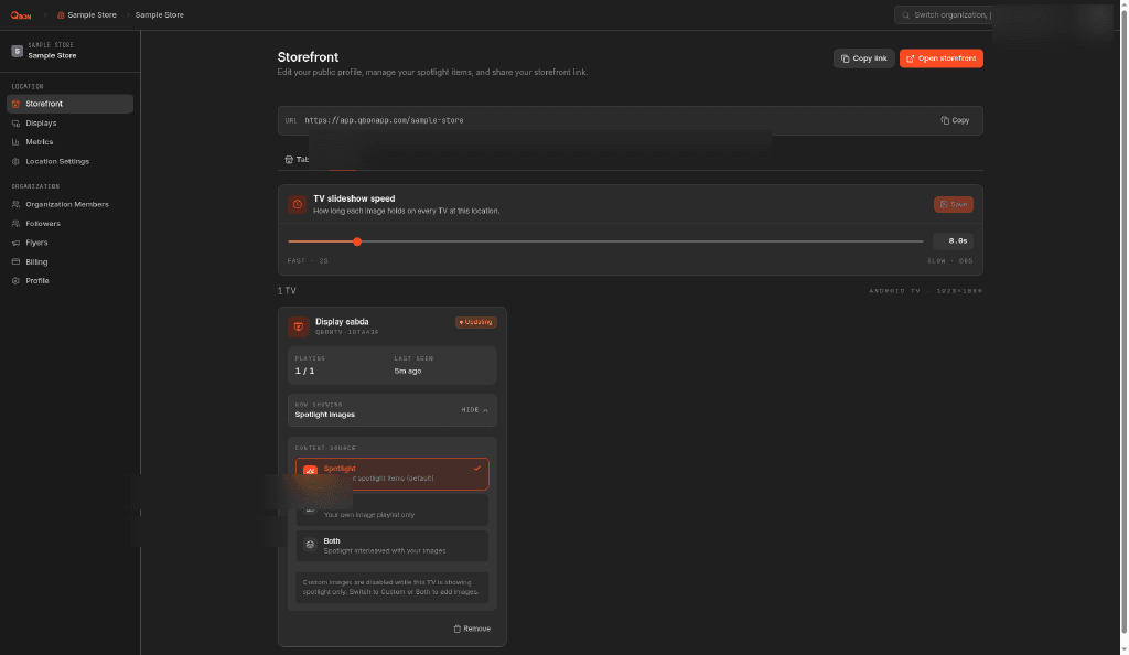 Merchant portal TV tab with spotlight as the content source